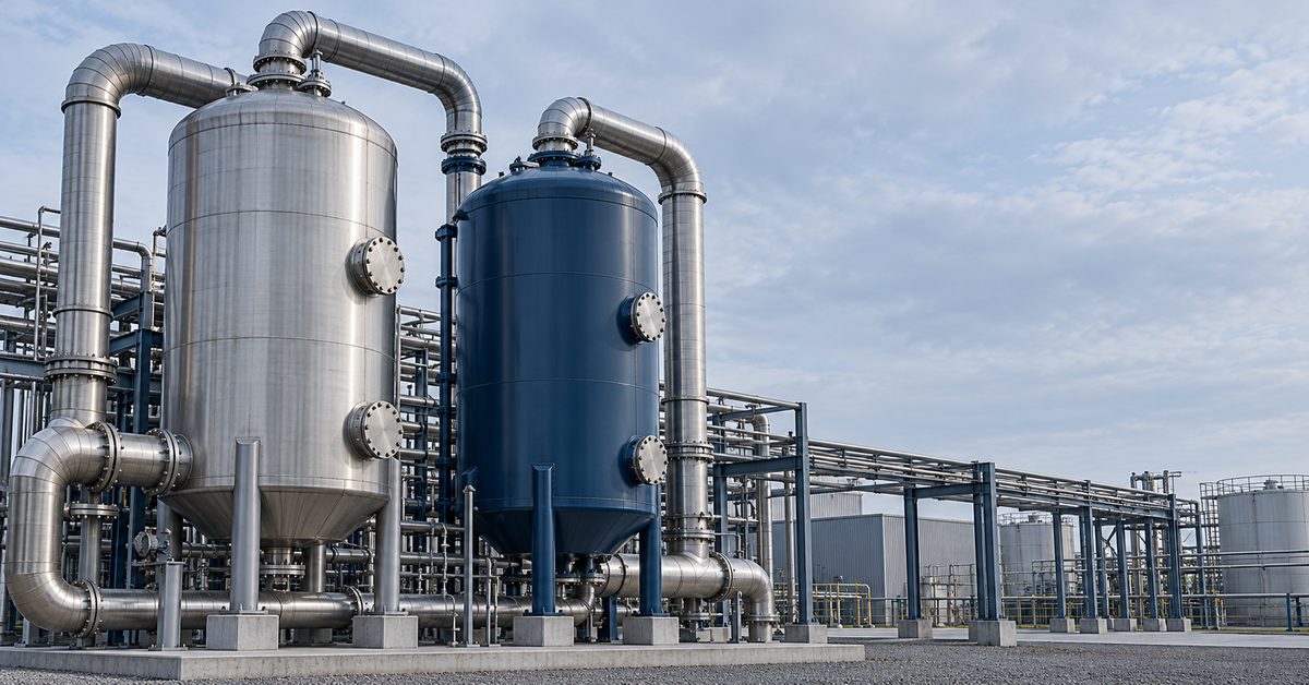 Industrial gas treatment plant with two vertical adsorber vessels and connecting ductwork under an open sky